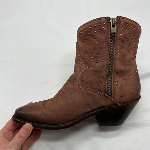 Discontinued Lucchese Brown Suede Ankle Zip Up Cowboy Boots with Studs - Picture 11 of 16